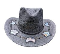 Chapeau de paille avec découpes réfléchissantes, prismes, diffraction, respirant, tissé à la main, pour un moment magique en plein air, arc-en-ciel, Noir tressé, Taille unique