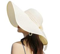 Chapeau de Paille d'Été pour Femme à Large Bord - Pliable, UPF 50+, pour la Plage (Beige)