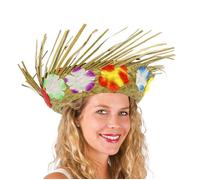 Chapeau de paille hawaïen avec ceinture de fleurs multicolores - PTIT CLOWN - Accessoire de déguisement adulte