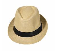 Chapeau de paille Panama Fedora Trilby Gangster Chapeau de soleil avec ruban en tissu street style - Beige - Medium