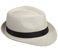 Chapeau de paille Panama Fedora Trilby Gangster Chapeau de soleil avec ruban en tissu street style - Blanc - Large