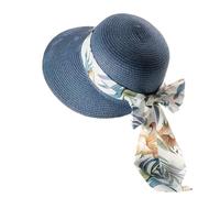Chapeau de paille pliable à large bord pour femme - Chapeau de plage à large bord pliable et réglable, bleu marine, L