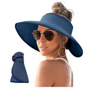 Chapeau de paille pliable pour femme avec visière de protection contre les UV et le soleil à large bord pour queue de cheval, chapeau de plage d'été, léger, pliable et pliable pour l'été, les voyages