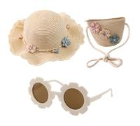 Chapeau de Paille pour Enfant avec Sac, Lunettes de Soleil, Décoration Florale - Set de Protection Solaire pour la Plage
