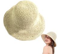 Chapeau de paille pour femme large bord protection solaire pliable tissé pour bord de mer plage piscine été beige