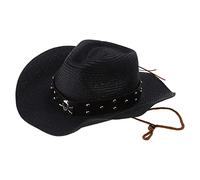 Chapeau de paille vintage tissé pour femmes hommes dames cowboy fête ethnique haut bonnet cosplay paille tissage avec diadèmes résistant au soleil, Noir , Taille unique