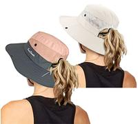 Chapeau de pêche de plage pliable de protection UV pour femme en maille à large bord avec trou de queue de cheval, M