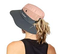 Chapeau de pêche de plage pliable de protection UV pour femme en maille à large bord avec trou de queue de cheval, rose, Taille Unique