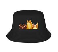 Chapeau de pêcheur à motif chat regardant vers le haut - Pliable et facile à ranger, un excellent outil pour la pêche, la randonnée, le camping et les vacances à la plage - Noir