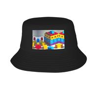 Chapeau de pêcheur coloré à motif blocs de construction - Pliable et facile à ranger, un excellent outil pour la pêche, la randonnée, le camping et les vacances à la plage. Noir, taille unique