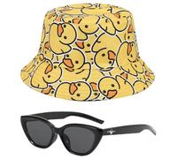Chapeau De Pêcheur Double Face Avec Lunettes De Soleil - Canard Jaune De Dessin Animé, Large Bord, Pliable, Décontracté D'Été