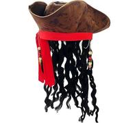 Chapeau de Pirate Tricorne avec Perruque Dreadlocks - Look Capitaine Jack Sparrow - Marron Effet Vieilli avec Perles - Accessoire de Déguisement pour Homme - Halloween, Carnaval & Cosplay