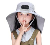 Chapeau de refroidissement à énergie solaire pour enfants - Chapeau de pêche avec rabat de cou rechargeable à large bord - Protection solaire étanche, gris clair, taille unique