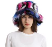 Chapeau De Seau Moelleux pour Les Femmes Fausse Fourrure Casquette De Pêcheur De Fille Couvre-Chef Chaud Et Flou, White Royal Blue, M