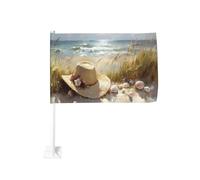 Chapeau de soleil à large bord reposant doucement sur la plage drapeau voiture extérieur fenêtre clip 30 x 45 cm double face décoration de voiture