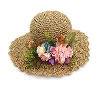 Chapeau de Soleil Chapeau de Paille Grandes Fleurs Fait Main Chapeau de Paille Femme Large Bord Plage Chapeau de Soleil Dames Pliable Crochet Chapeau d'été Femme Voyage Plage Cap (Kaki 6 7/8)