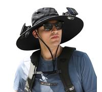 Chapeau de soleil d'extérieur à large bord avec 2 ventilateurs solaires pour homme et femme UPF 50+, chapeau de pêche et de plage avec ventilateur intégré, Noir, Medium-XX-Large