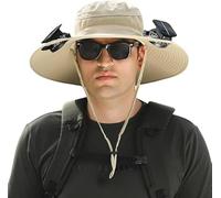 Chapeau de soleil d'extérieur à large bord avec 2 ventilateurs solaires pour homme et femme UPF 50+, chapeau de pêche et de plage avec ventilateur intégré, A Kaki, Medium-XX-Large
