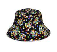 Chapeau de soleil double face réfléchissant pour la sensibilisation à l'autisme, pièces de puzzle, imprimé cœur, chapeau cloche réversible pour la randonnée et la plage, noir
