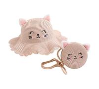 Chapeau de soleil en paille à large bord mignon à volants avec oreilles de chat brodées - Chapeau de soleil avec sacs à bandoulière ronds pour enfants et filles - Respirant et élégant - Chapeau de