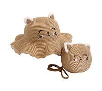 Chapeau de soleil en paille à large bord mignon à volants avec oreilles de chat brodées - Chapeau de soleil avec sacs à bandoulière ronds pour enfants et filles - Respirant et élégant - Chapeau de