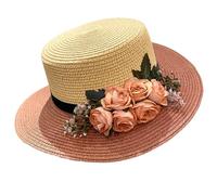 Chapeau De Soleil en Paille À Large Bord pour Femmes, Chapeau De Fête À Dessus Plat avec Décor Floral pour Mariage, Vacances À La Plage(Orange)
