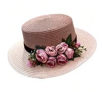 Chapeau De Soleil en Paille À Large Bord pour Femmes, Chapeau De Fête À Dessus Plat avec Décor Floral pour Mariage, Vacances À La Plage(Pink)