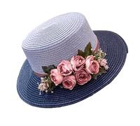 Chapeau De Soleil en Paille À Large Bord pour Femmes, Chapeau De Fête À Dessus Plat avec Décor Floral pour Mariage, Vacances À La Plage(Blue)
