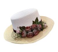 Chapeau De Soleil en Paille À Large Bord pour Femmes, Chapeau De Fête À Dessus Plat avec Décor Floral pour Mariage, Vacances À La Plage(Beige)