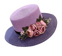 Chapeau De Soleil en Paille À Large Bord pour Femmes, Chapeau De Fête À Dessus Plat avec Décor Floral pour Mariage, Vacances À La Plage(Purple)