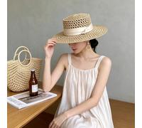 Chapeau de soleil en paille à sommet plat, utilisation pour les vacances à la plage, chapeau de plage à large bord, tissage creux, respirant et non étouffant, convient pour la saison actuelle Unicolor