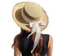 Chapeau de soleil en paille pour femme, chapeau de plage d'été à large bord avec cravate en soie amovible, chapeau souple pliable - Sun Gwy243, BG1., Taille unique