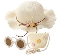 Chapeau De Soleil Et Sac en Tricot De Paille 3 Pièces,Lunette De Soleil,Chapeau Paille Enfant 3-8 Ans avec Décoration Florale pour Accessoires Voyage Extérieur(Blanc Crème)