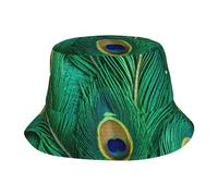 Chapeau de soleil léger et élégant avec imprimé plumes de paon vert contre la lumière du soleil