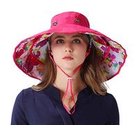 Chapeau de Soleil Pliable à Large Bord réversible UPF 50+ Chapeau de Plage, Fleur - Rose/Rouge, Taille Unique