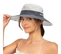 Chapeau de soleil pour femme - Protection UV - Chapeau de plage à large bord en maille avec trou pour queue de cheval - Pliable et pliable, Beige gris (1 pièce), Taille M