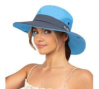 Chapeau de soleil pour femme - Protection UV - Chapeau de plage à large bord en maille avec trou pour queue de cheval - Pliable et pliable, bleu, Taille M