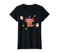 Chapeau de sorcière Axolotl Mignon Halloween Citrouille Fantôme Kawaii T-Shirt Graphique avec Valeur, Femme, Noir, L