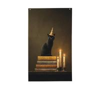 Chapeau de sorcière chat noir sur livres, drapeaux de cour, maison, bannière de vœux avec œillets, décoration d'intérieur et d'extérieur