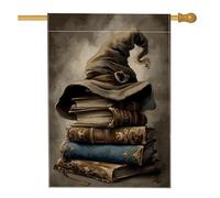 Chapeau de sorcière d'automne, drapeau de jardin, livres magiques marron, décoration d'extérieur, bannière double face en toile de jute pour décoration de pelouse d'Halloween, 71 x 101,6 cm