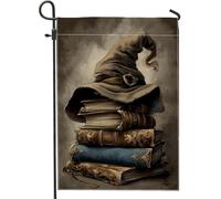 Chapeau de sorcière d'automne, drapeau de jardin, livres magiques marron, décoration d'extérieur, bannière double face en toile de jute pour décoration de pelouse d'Halloween, 30,5 x 45,7 cm