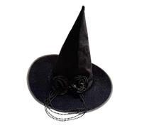 Chapeau de sorcière décoré avec roses en tissu | Accessoires de chaîne de perles, élastique dissimulé, bandeau de fête en velours noir