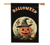 Chapeau de sorcière d'Halloween citrouilles drapeaux de maison 71,1 x 101,6 cm double face pour extérieur, papillons vintage en toile de jute standard, drapeaux effrayants de jardin pour décoration