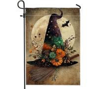 Chapeau de sorcière d'Halloween, drapeau de jardin, décoration florale multicolore avec lune et balai, bannière double face en toile de jute pour décoration de pelouse extérieure, 30,5 x 45,7 cm