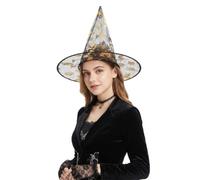 Chapeau de sorcière d'Halloween pour femme avec imprimé étoile et lune, accessoire de déguisement pour Halloween, cosplay, bal masqué, événements à thème et enterrement de vie de garçon