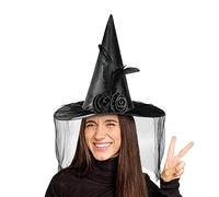 Chapeau de sorcière d'Halloween pour femme - Chapeau de sorcière d'Halloween, chapeau de magicien avec demi-voile, chapeau à plumes à large bord, chapeau pointu, accessoires de costume d'Halloween