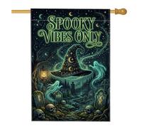 Chapeau de sorcière effrayant pour décoration de jardin Halloween 71 x 101 | Esthétique gothique, drapeau de cour, scène de cimetière hantée, lune et étoiles mystiques, symbolisme occulte