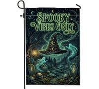 Chapeau de sorcière effrayant pour Halloween 30,5 x 45,7 cm | Esthétique gothique, drapeau de cour, scène de cimetière hantée, lune et étoiles mystiques, symbolisme occulte