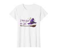 Chapeau de sorcière et Balai avec Inscription « I Put A Spell on You » pour Halloween T-Shirt Graphique avec Valeur, Femme, Blanc, M