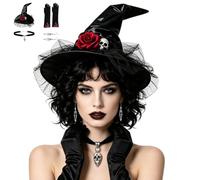 Chapeau de sorcière et gants Halloween gothique crâne boucles d'oreilles gants